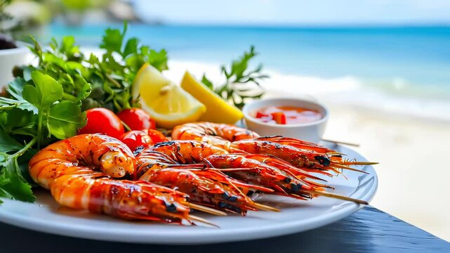 Grilled shrimp skewers with fresh ingredients, a tropical seafood delight.