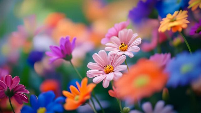 Vibrant wildflowers in soft focus, a dreamy nature scene