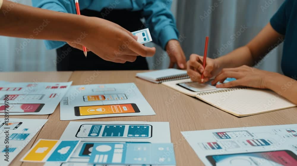 Poster panorama video of startup company employee planning on user interface prototype for mobile applicati
