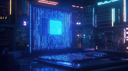 Futuristic Blue Neon Lit Computer Chip In A Server Room Data Center Interior Visualization Illustration Graphics Art Work Media Display Showcase Showcase Of Technology Advancement Innovation Modern