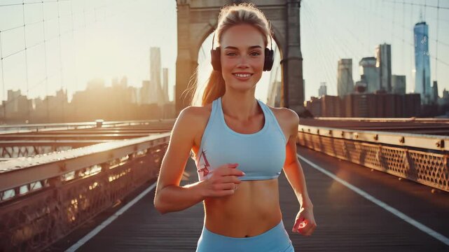 Fit woman jogging on a bridge at sunrise, an active healthy lifestyle.