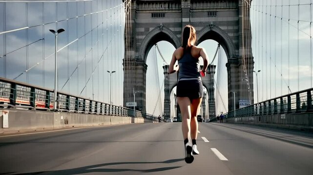 Runner on an empty bridge, a solo fitness challenge in the city.