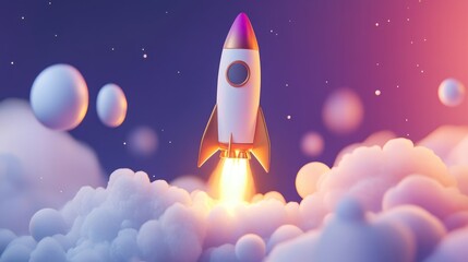 A Cartoon Rocket Ship Launching into the Night Sky Above Clouds