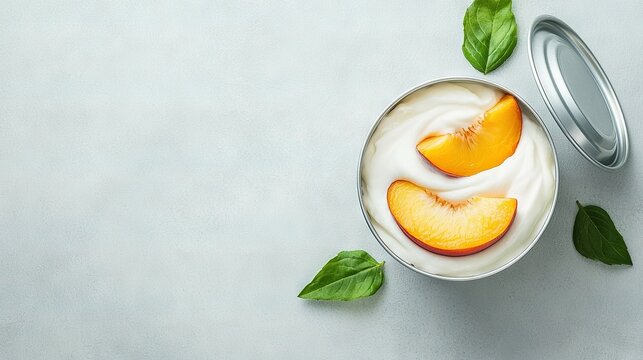   A bowl of yogurt with sliced peaches and mint leaves on a white background featuring a can of yogurt