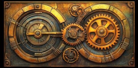 Fototapeta premium An intricate artistic illustration showing complex mechanical gears and wheels