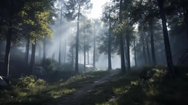 Sunlit forest path with morning mist, a peaceful nature escape.