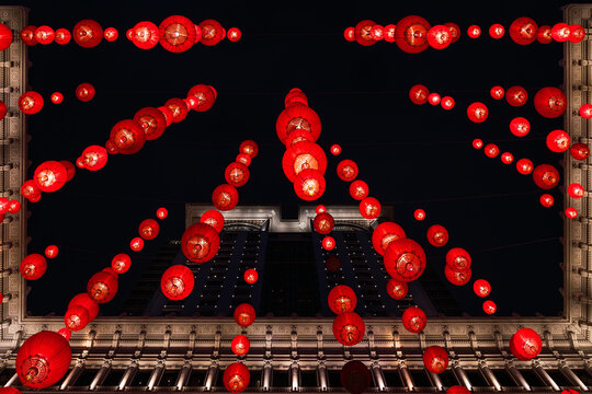 Vibrant display of red lanterns for Chinese New Year in Hong Kong
