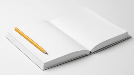 Minimalist open white notebook with yellow pencil on clean background