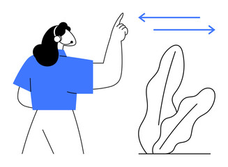 Person pointing at two horizontal arrows expressing motion or direction beside abstract plant. Ideal for guidance, navigation, movement, planning, decision-making, communication, minimal design, flat