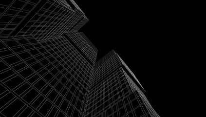 Modern Wireframe Skyscraper – Abstract Urban Architecture in Perspective 3D rendering
