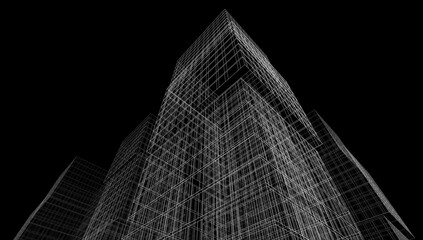 Modern Wireframe Skyscraper – Abstract Urban Architecture in Perspective 3D rendering