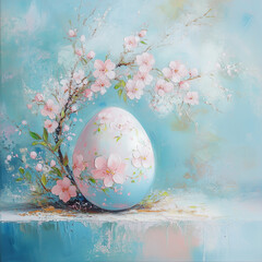 This painting captures the delicate beauty of spring and Easter with a pastel-colored egg decorated with cherry blossoms. 