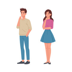 Fototapeta premium young woman and man thinking. Man and Woman Pondering Ideas, Couple Thinking, Flat style cartoon vector illustration