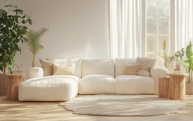 Bright Scandinavian living room with a white sectional sofa, wooden side tables, and large windows