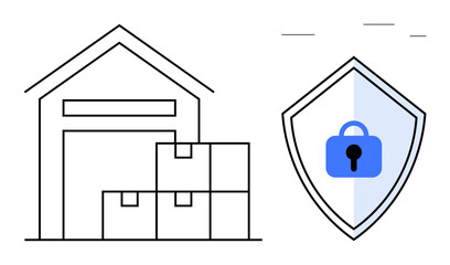 Warehouse building with stacked boxes beside a shield featuring a blue padlock. Ideal for storage solutions, safety protocols, logistics management, inventory control, cybersecurity, risk management