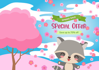 Cute spring sale banner. Cherry blossom pink tree vector illustration. Blue sky background. Copy space for card, special offer, event invitation. Playful kawaii flat design child friendly character.