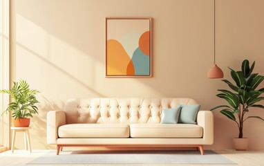 Clean minimalist lounge with a mid-century modern sofa, abstract artwork, and a serene atmosphere