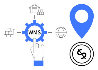 Gear labeled WMS with a hand pointing, warehouse, cart, globe, location pin, and dollar symbol. Ideal for logistics, inventory shipping e-commerce supply chain business strategy. Flat simple