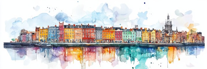 Fototapeta premium Watercolor Dublin Cityscape Reflection - Vibrant watercolor painting of Dublin's colorful buildings reflected in calm water, symbolizing beauty, heritage, tranquility, urban life, and Irish culture