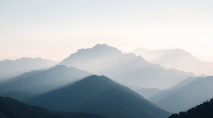 Seamless color blend in a misty mountain landscape with soft gradients, copy space