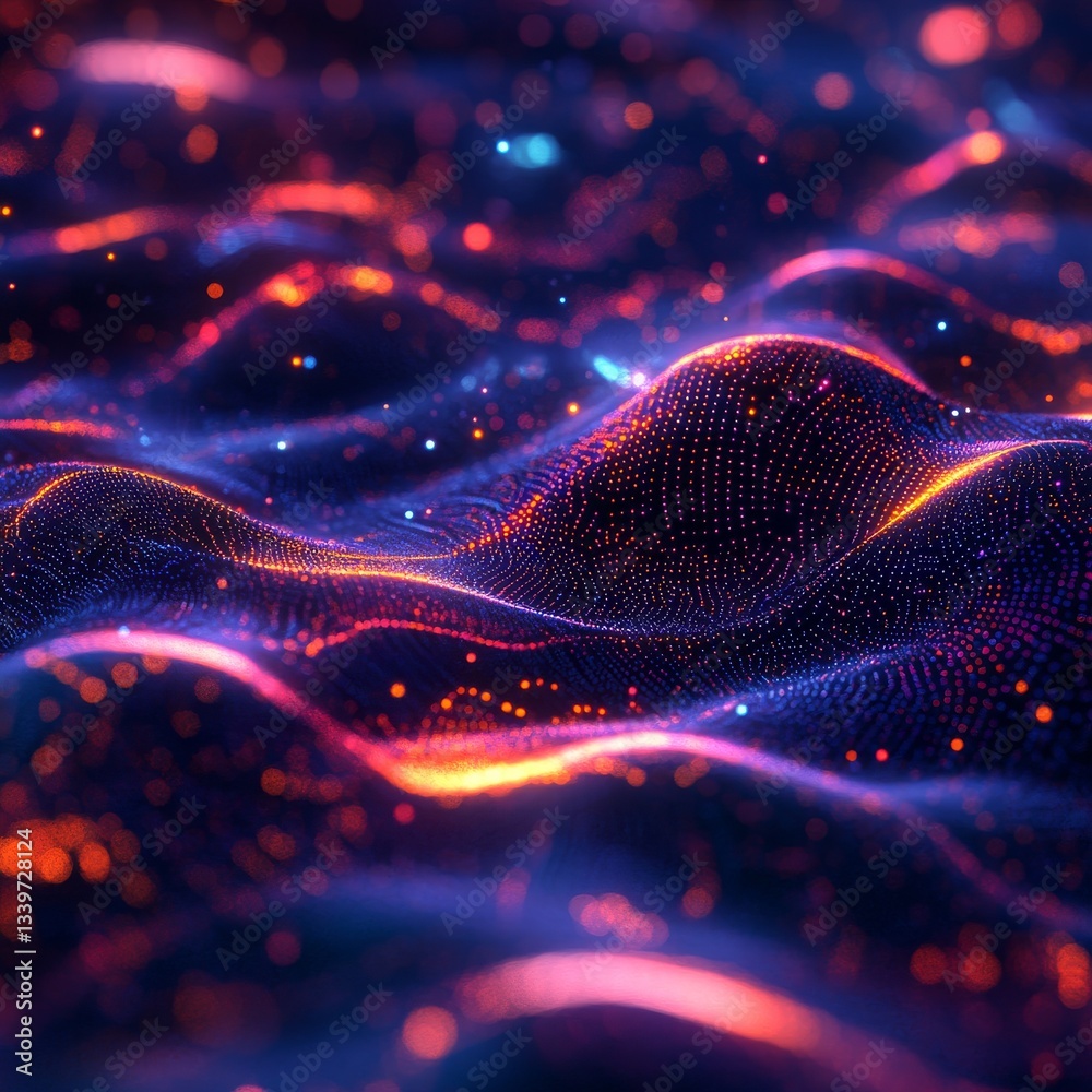 Aufkleber abstract digital landscape with glowing particles and dynamic wavy surfaces, futuristic technology d