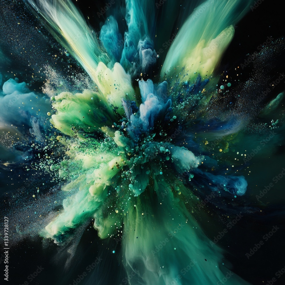 Aufkleber Abstract Explosion: Emerald and Azure Hues Colliding in a Swirl of Mystical Energy and Sparkle