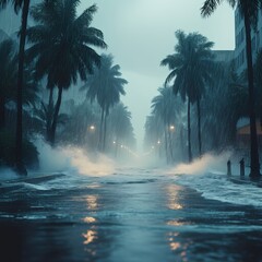 Mysterious urban street during rainstorm, dramatic mood, palm trees, wet pavement, copy space