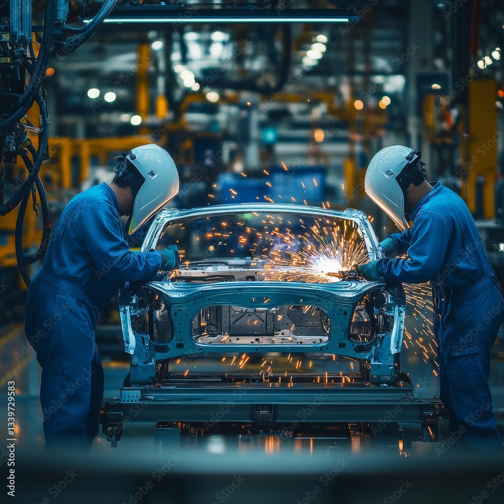 Aufkleber automated precision: vehicle assembly line with skilled technicians welding car chassis in a modern 