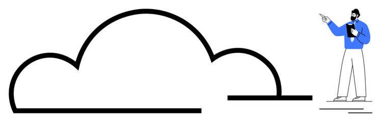 Person pointing to a large cloud outline while holding a clipboard, symbolizing cloud technology, teamwork. Ideal for IT solutions, cloud storage, collaboration, innovation, digital transformation