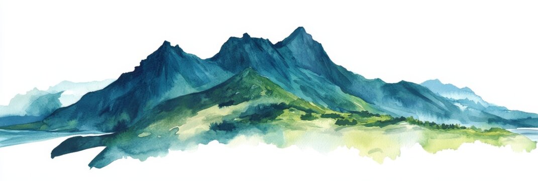 Azores Islands Watercolor Landscape - Serene watercolor painting of Azores Islands mountains, symbolizing tranquility, nature, escape, adventure, and serenity