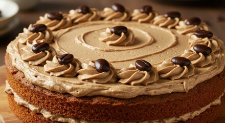 Coffee Cake with Cream Frosting and Coffee Bean Decoration