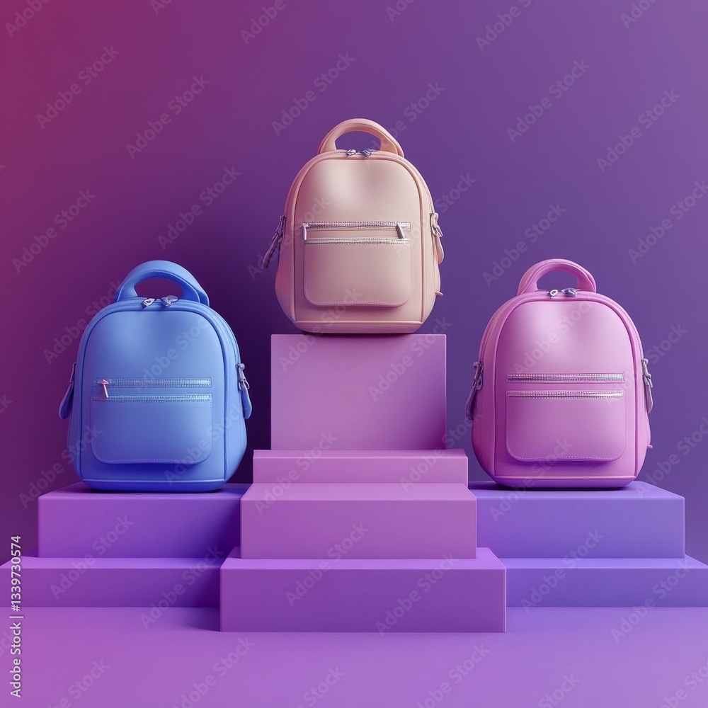 Poster colorful minimalist backpacks displayed on geometric lavender podium with gradient background