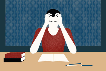 Illustration of a Stressed Student Studying at a Desk