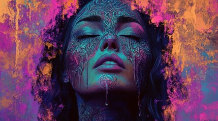 Fototapeta premium A beautiful woman with patterned skin and closed eyes is depicted