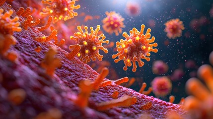 Fototapeta premium Vivid microscopic rendering shows virus cells infecting host tissue in intricate detail.