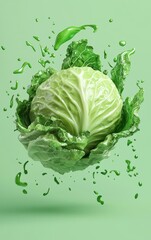 Obraz premium Flying cabbage with splashes, isolated on a soft green background