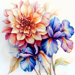 Fototapeta premium Floral Arrangement: A Watercolor Painting of a Peach Dahlia Blossom and Blue Iris Flowers with Elegant Details 