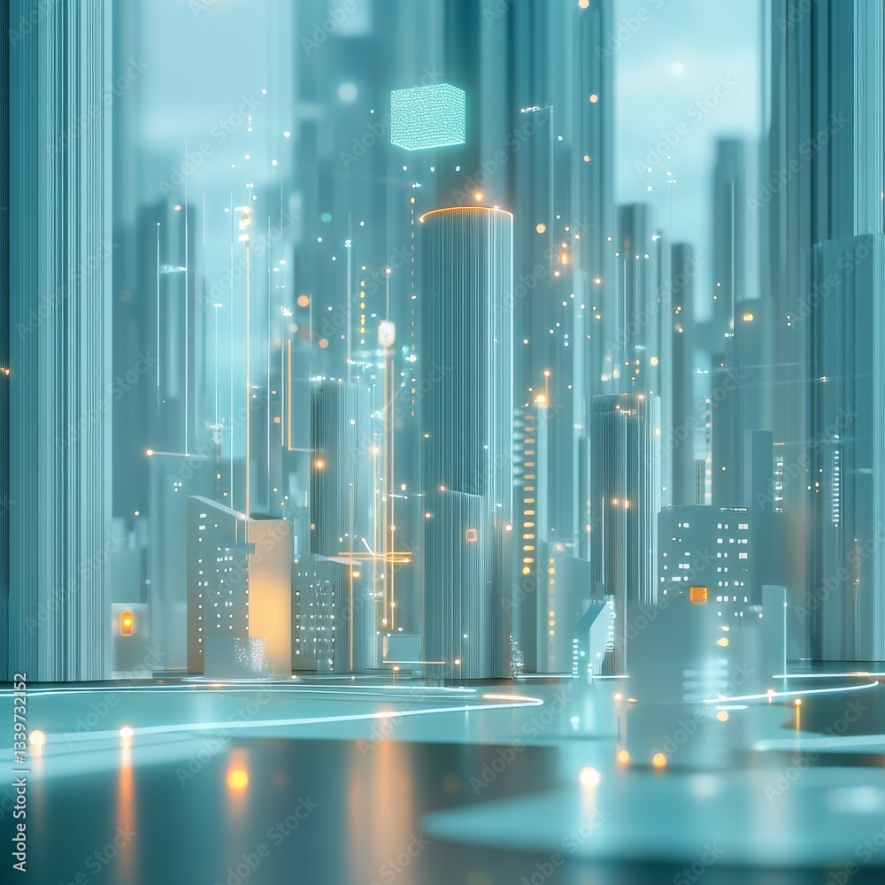 Aufkleber futuristic digital cityscape with glowing connections and data cube, abstract technology metropolis.