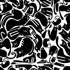 Cats seamless black background. hand drawing. Not AI, Vector illustration.