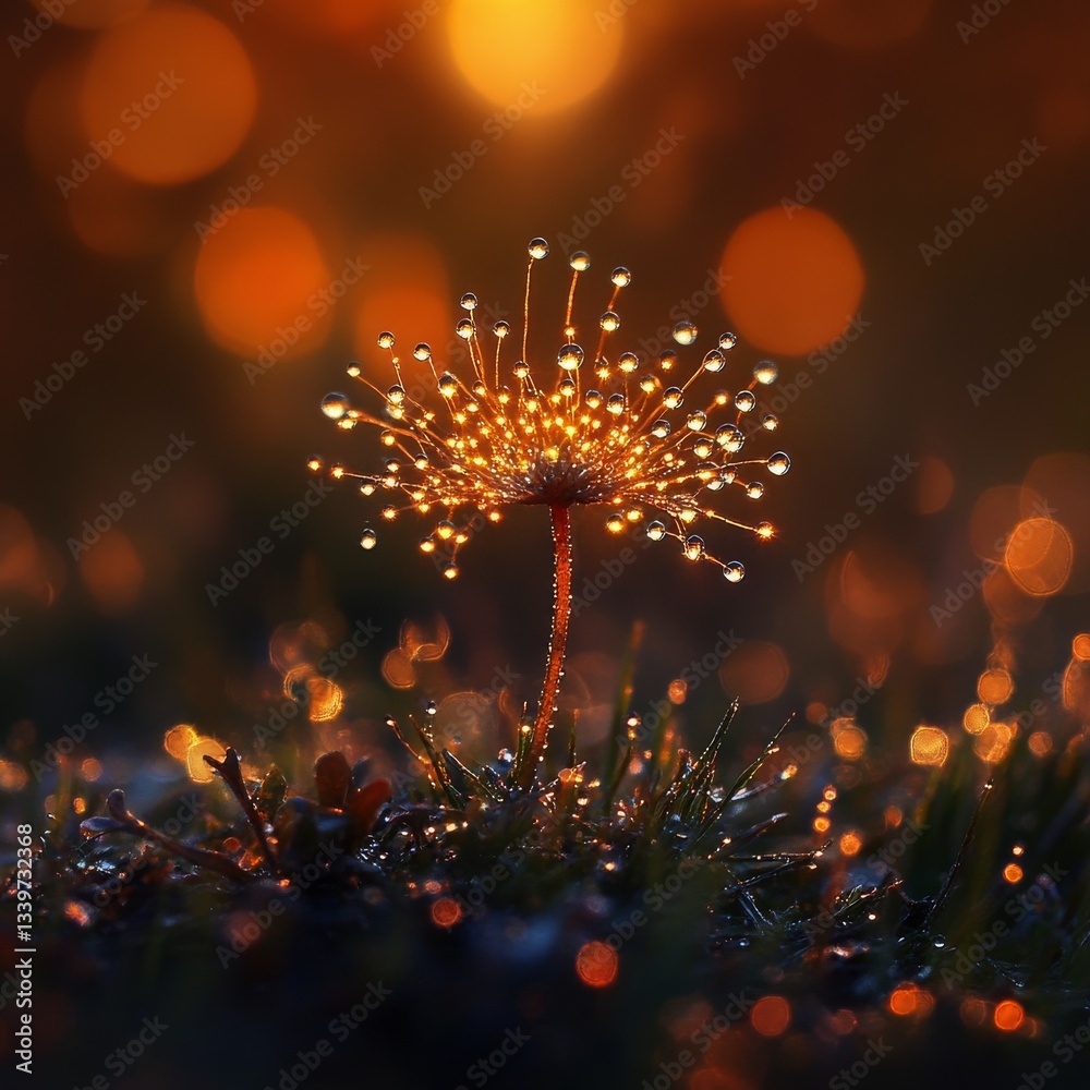 Aufkleber golden dewdrop bloom: a dandelion seed head adorned with sparkling water droplets against a warm bok