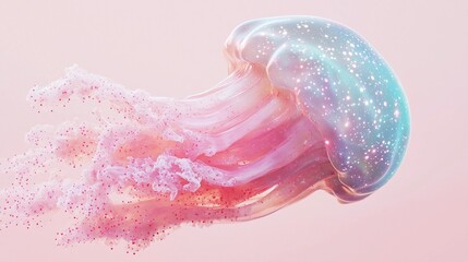 Fototapeta premium A full-body view of a giant swimming jellyfish on an empty light pink background.