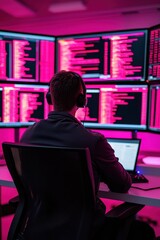 A person wearing headphones works on a computer surrounded by multiple screens displaying code in a pink-lit environment.
