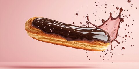 Fototapeta premium Flying Ã?clairs with chocolate glaze, with splashes, on a pastel pink background