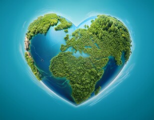Planet Earth with an ecosystem of greens and the blue of the ocean, a heart-shaped world on a light blue background