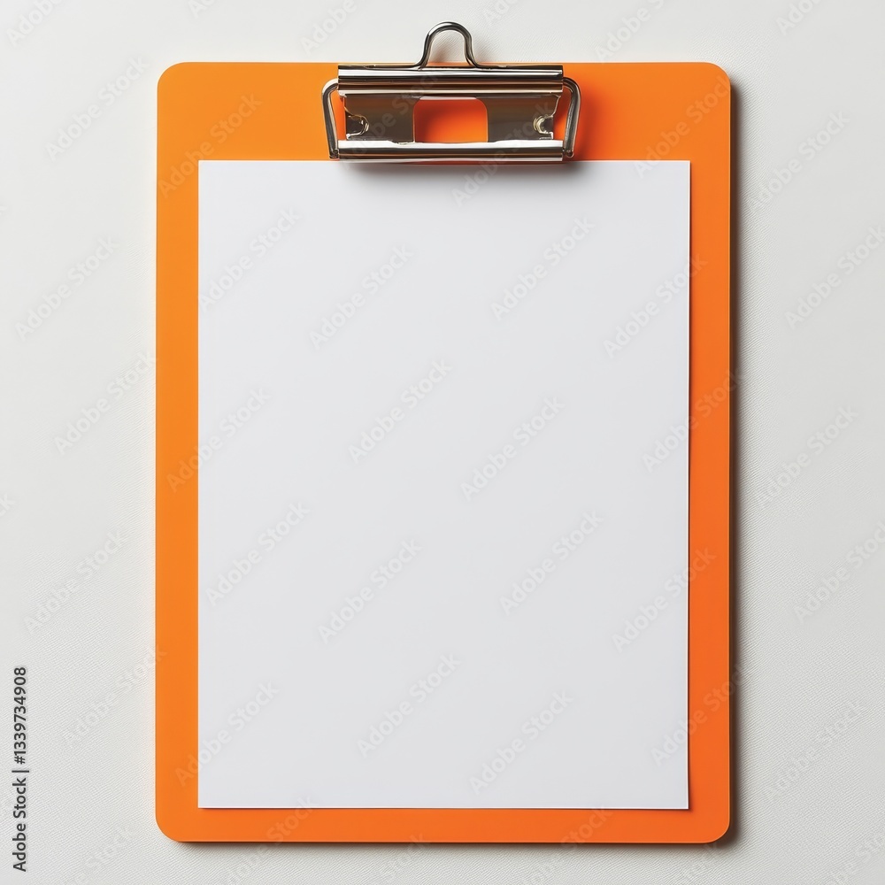 Poster orange clipboard with blank white paper ready for notes or tasks - minimalist and clean design.