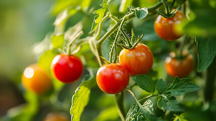 Ripe red cherry tomatoes growing on a branch in a greenhouse.