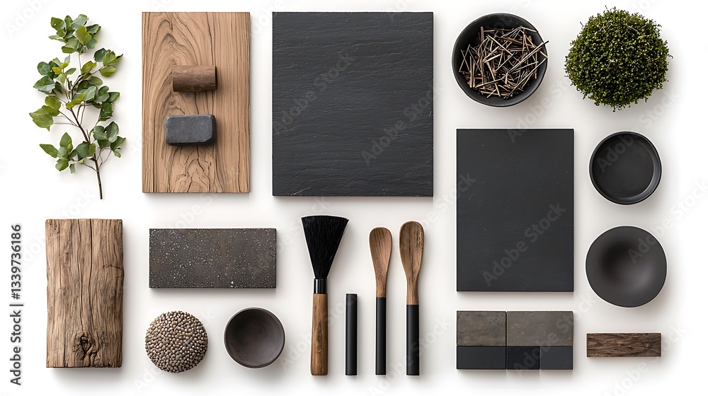 Poster assorted dark wooden and stone objects on white background