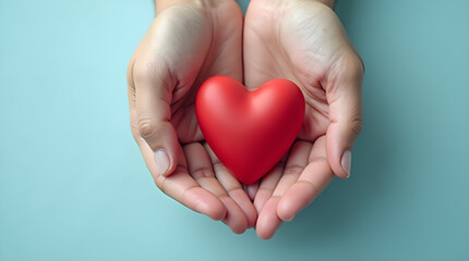 Close-up of Gentle Human Hands Carefully Holding a Bright Red Heart - Symbol of Love, Care, Health, Support, Wellbeing, and Charity on Soft Teal Blue Background