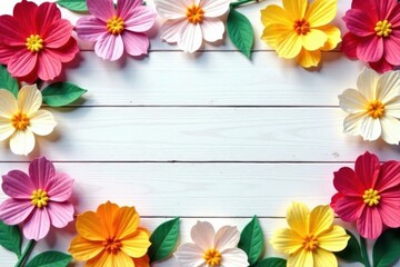 Vibrant crepe paper flowers scattered across painted white wood planks , paper craft, party decor, handmade