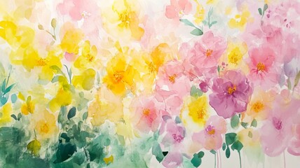 Watercolor Painting of Yellow and Pink Flowers